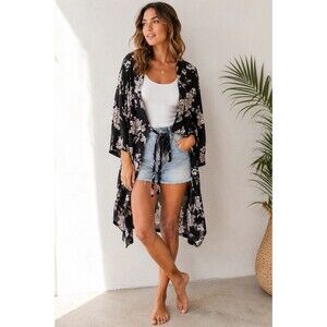 Spiritual Gangster Kimono Robe Cover Up Womens OS Black White Floral Whimsigoth